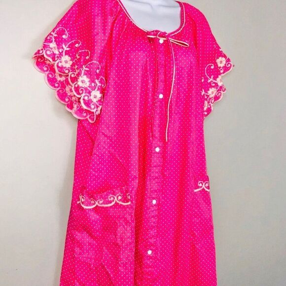 Vintage 80s Womens Housecoat Robe 2XL Pink White Polka Dot Short Sleeve - Picture 3 of 8